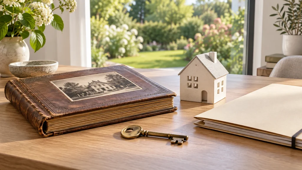 Familienalbum, alter Hausschlüssel und Hausmodell zum Thema Immobilienerbschaft – KI-Symbolbild