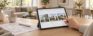 Immobiliensuche am Tablet mit Häuserauswahl und Grundriss – Symbolbild